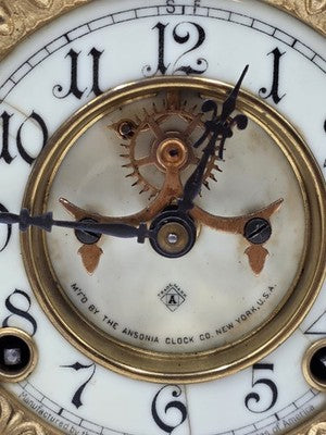 Antique 19thC Royal Bonn Germany La Corsica Ansonia Porcelain Mantel Clock Works