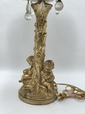 Antique Large Solid Brass Cherub Putti Table Lamp Hollywood Regency Gold. Works