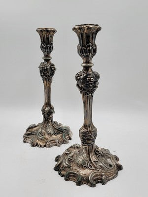 Rare Pair of Antique 1857 English Victorian Silver Plated Elkington Candlesticks