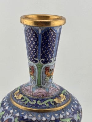 Rare Vintage Chinese Cloisonne Enamel Butterfly Floral Vase w Wood Stand Blue