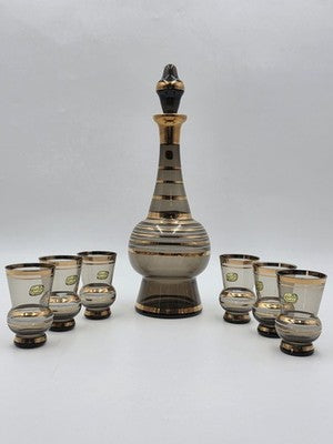 Vintage Amber Bohemia Crystal Decanter Set 6 Glasses Gold Trim Czechoslovkia New