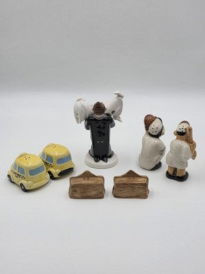 Vintage Lot Of 4 Slat & Pepper Shaker Taxi Cab Alamo Bride Groom Baseball Figure