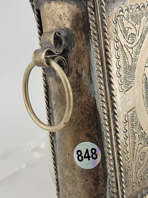 Rare Antique Engraved Quran Holder Box Ornate Koran Silver Case w Chain Handle.