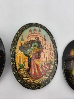 Rare Set Of 5 Vintage Hand Painted Brooch Pins Black Lacquer Russian Folk Art