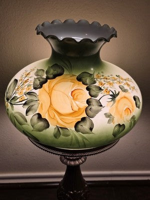 Antique Victorian Style Hurricane Lamp Electric Floral Shade Ornate Brass Base