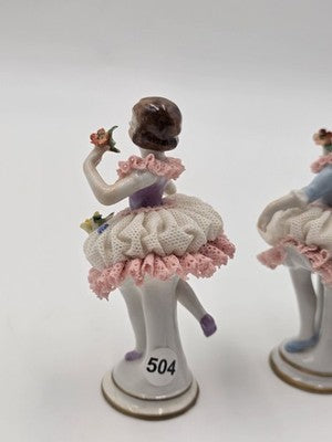 Vintage Dresden Style Porcelain Lace Ballerina Dancer Figurines Pair German 4"