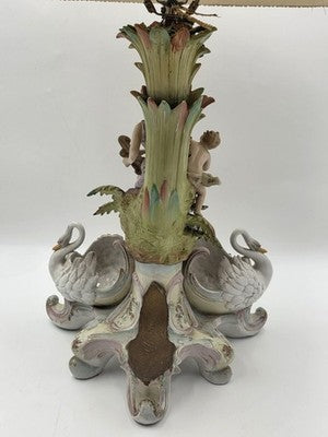 Rare Antique German Dresden Porcelain Figural Lamp Lady Cherub Swans 29"