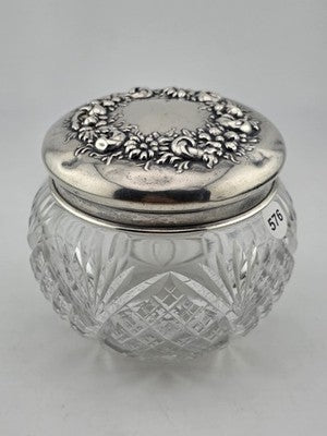 Antique Watson Sterling Silver Floral Lid Cut Crystal Vanity Jar C1900 Fine 925
