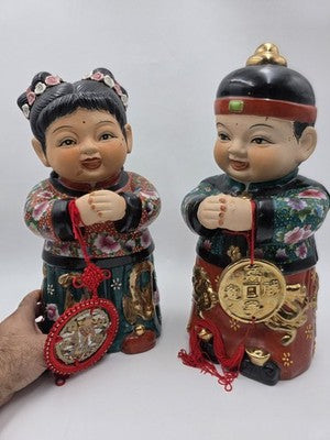 XL 15 inch Vintage Chinese Boy & Girl Prosperity Figurines Pair Good Luck Wealth