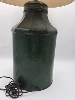 ULTRA RARE 19TH C. HAND PAINTED ENGLISH CHINOISERIE GREEN TOLE TEA CANISTER LAMP