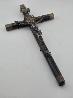 Antique 19th C Crucifix Metal Jesus On Wood Cross W Rare Tips Memento Mori Skull