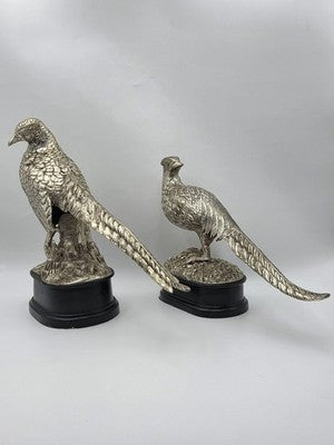 Vintage Pair XL Castilian Brass Pheasant Sculptures Cock Hen on Base 14 inch.