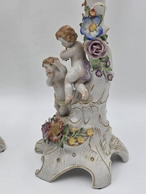 Rare 19th C Antique Pair Schierholz Dresden Porcelain Cherub Floral Candelabras