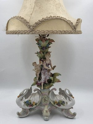 Rare Antique German Dresden Porcelain Figural Lamp Lady Cherub Swans 29"