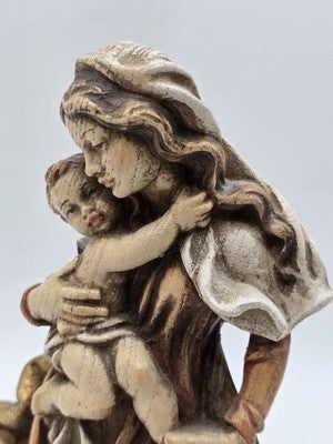 Rare Vintage 1950’s Madonna Statue W Baby Jesus In Wood From Val Gardena 10”