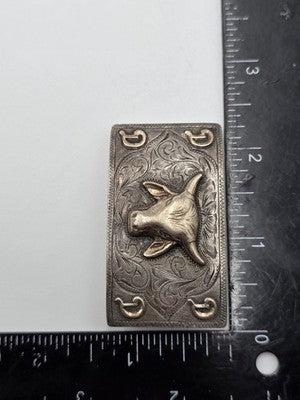 Nelson Co Sterling Silver 10K Solid Gold Bull Head Western Belt Buckle Engraved.