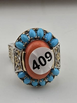 Rare 925 Sterling Silver Coral Turquoise Filigree Statement Ring Artisan Size 9