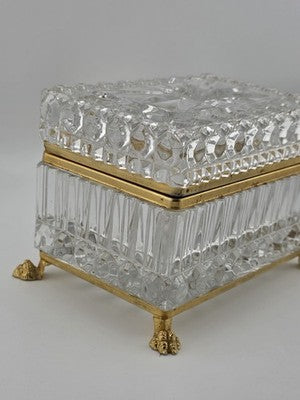 French Baccarat Style Jewelry Casket Footed Box Heavy Crystal Glass Hinged Lid