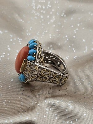 Rare 925 Sterling Silver Coral Turquoise Filigree Statement Ring Artisan Size 9