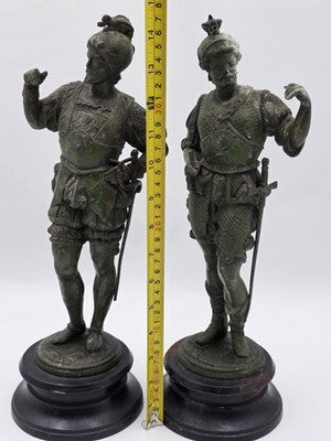 Rare Pair Of Antique Detailed Spelter Statues of Spanish Conquistadors. 15".