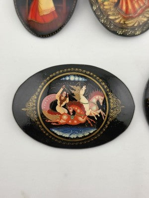 Rare Set Of 5 Vintage Hand Painted Brooch Pins Black Lacquer Russian Folk Art
