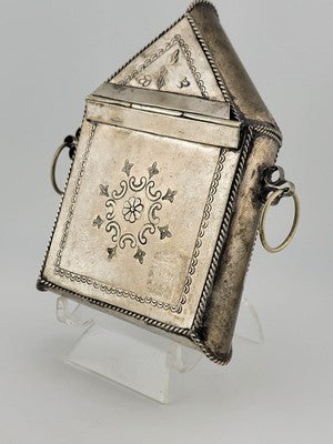 Rare Antique Engraved Quran Holder Box Ornate Koran Silver Case w Chain Handle.