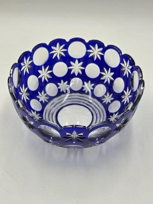 Rare Vintage Bohemian Hand Cut Crystal Glass Blue to Clear bowl SIGNED 8.75”