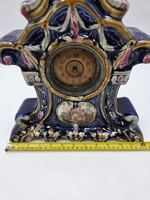 Rare Antique 19th C Porcelain Majelica Mantel Clock Hand Painted French. Read.