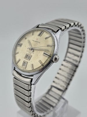Rare Collectible Vintage HELBROS Invincible St. Steel Day Date Mens Watch. Works