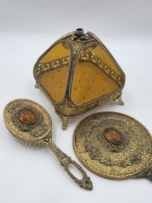 Antique Ornate Gilt Ormolu Vanity Set Amber Glass Jewelry Casket Mirror Brush