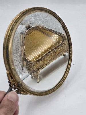 Antique Ornate Gilt Ormolu Vanity Set Amber Glass Jewelry Casket Mirror Brush
