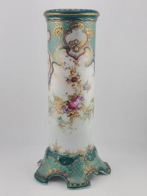 Antique 1920's OCO Japan Vase Turquoise Gold Floral Pedestal Spill Cabinet 9.5"
