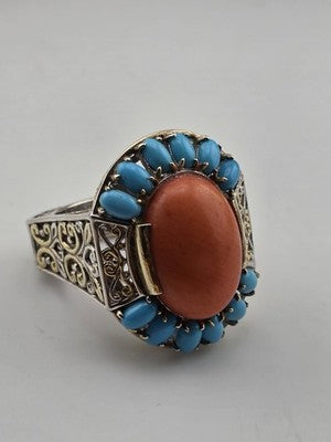 Rare 925 Sterling Silver Coral Turquoise Filigree Statement Ring Artisan Size 9