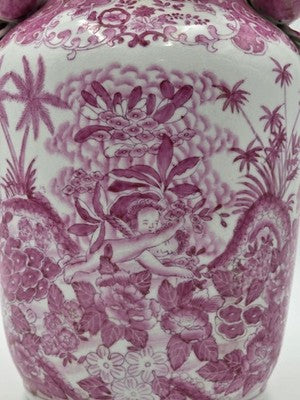 Vintage Chinese Porcelain Pink Chinoiserie Vase w Pommegranate Flowered Handles