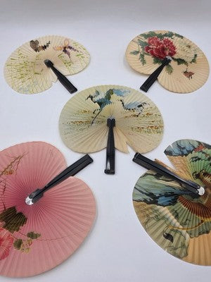 Lot Of 5 Vintage 1970s folding hand fan, Chinese fan with cherry blossom & Birds