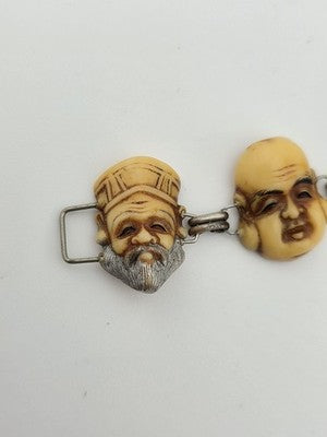 Antique Japanese Figural Face Bracelet Carved Bon Seven Gods Meiji Era. Signed.
