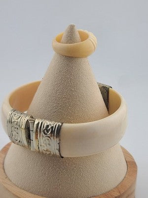 Rare Antique Set Of Bone Bracelet & Ring Intricate Hand Tooled Sterling Silver