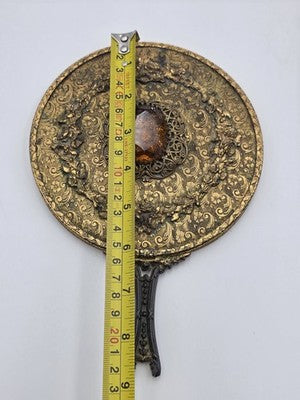 Antique Ornate Gilt Ormolu Vanity Set Amber Glass Jewelry Casket Mirror Brush