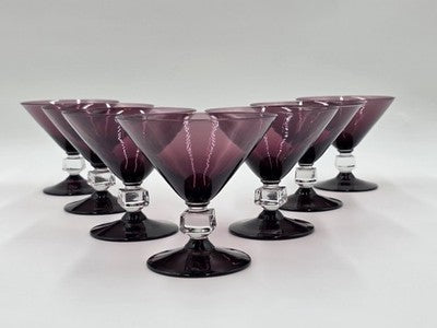 ANTIQUE SET OF 7 MID CENTURY BRYCE WILMINGTON AMETHYST 5 1/2" CHAMPAGNE GLASSES.