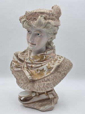 Antique 1890's German Porcelain Bust Hand Painted Gilt Victorian Woman Sculpture
