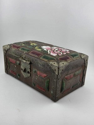 RARE ANTIQUE JAPANESE COPPER  BRASS-BOUND JEWELRY BOX W RAISED ENAMEL DECO MEIJI