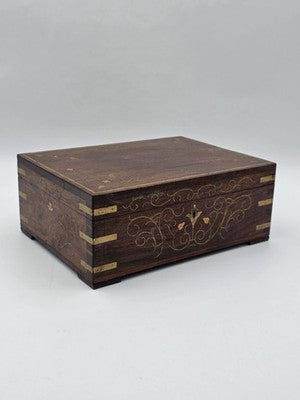 RARE ANTIQUE 19th C COLONIAL ROSEWOOD & FULL BRASS INLAY JEWELRY BOX.