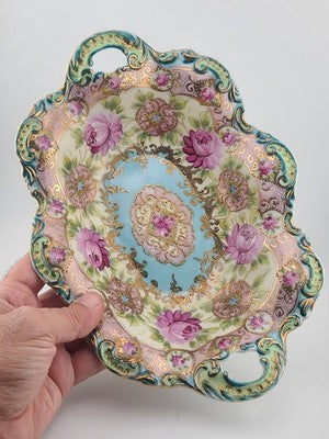 1910's Victorian German Porcelain Handled Bowl Raised Gold &Roses RS Style 11.5"