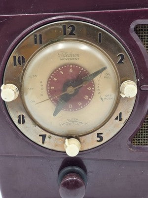 Vintage 1950s Westinghouse H-355T5 Tube Radio Telechron Alarm Clock Maroon. Read