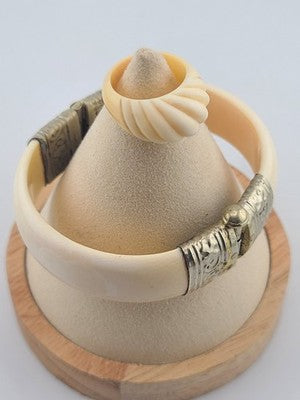 Rare Antique Set Of Bone Bracelet & Ring Intricate Hand Tooled Sterling Silver