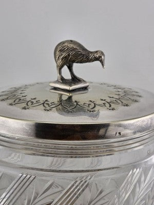 Rare 1880s Antique Hukin & Heath Biscuit Jar Cut glass & Silverplate W Kiwi Bird
