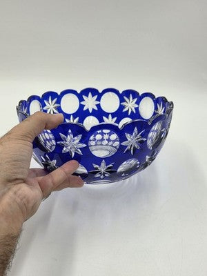 Rare Vintage Bohemian Hand Cut Crystal Glass Blue to Clear bowl SIGNED 8.75”