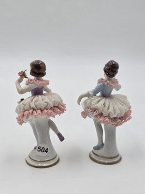 Vintage Dresden Style Porcelain Lace Ballerina Dancer Figurines Pair German 4"