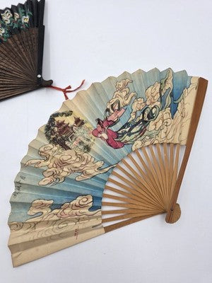 Pair Of Chinese Fan Immortals Hand Colored Silk Carved Wood 24" Calligraphy Back