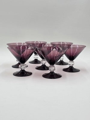 ANTIQUE SET OF 7 MID CENTURY BRYCE WILMINGTON AMETHYST 5 1/2" CHAMPAGNE GLASSES.